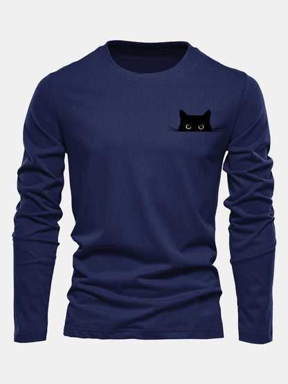 Long Sleeve Black Cat Print Cotton T-Shirt