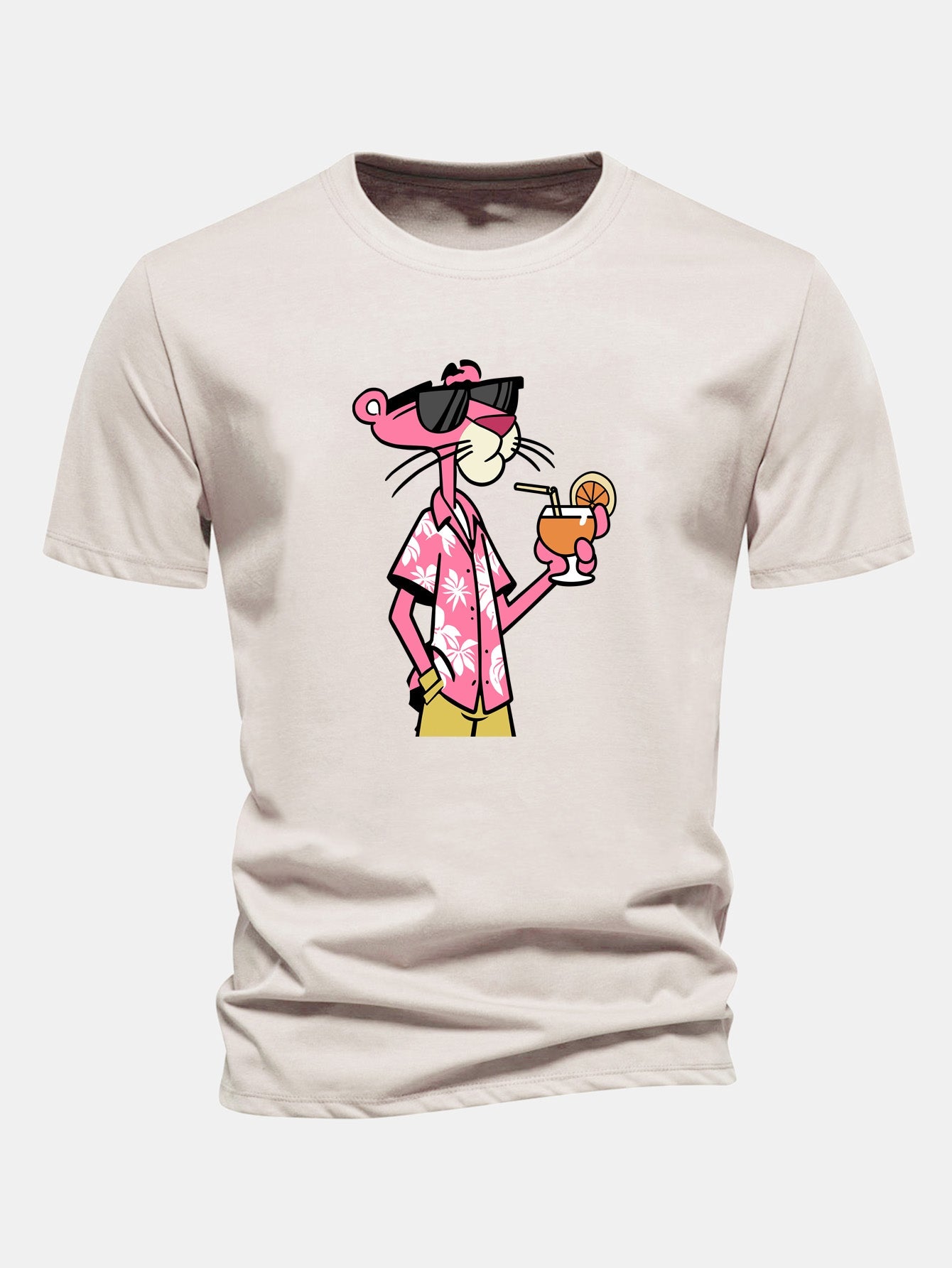 Regular Fit Vacation Pink Panther Print Cotton T-Shirt