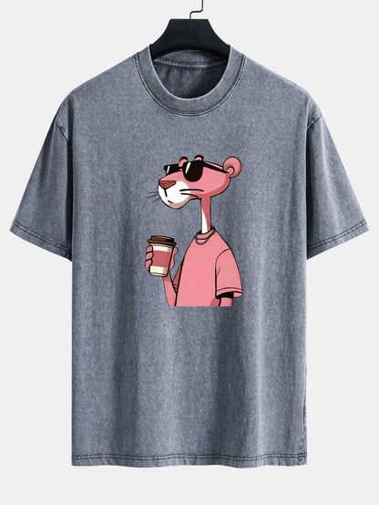 Pink Panther Drinking Coffee Print Washed Distressed Drop Shoulder T-Shirt