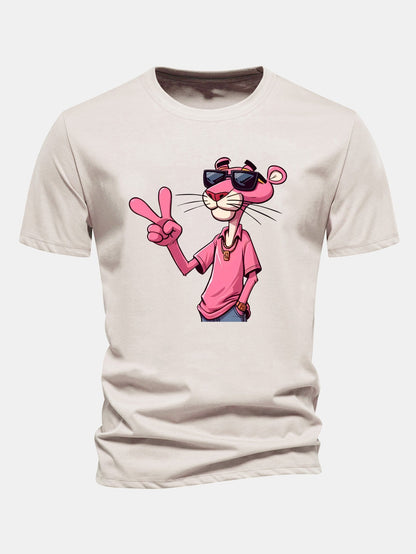 Regular Fit Pink Panther With V Sign Print Cotton T-Shirt