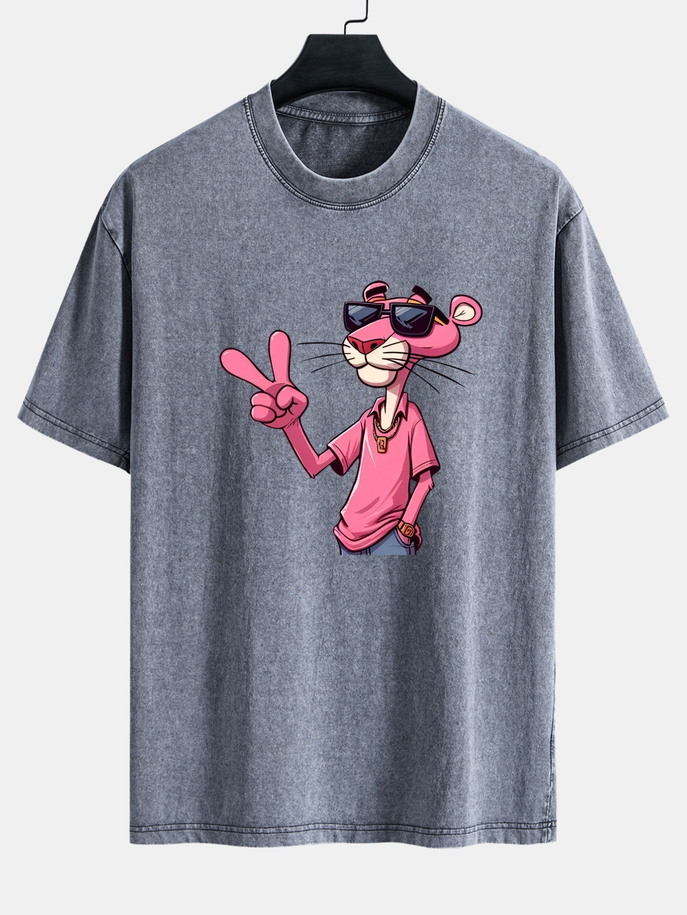 Pink Panther With V Sign Print Washed Distressed Drop Shoulder T-Shirt