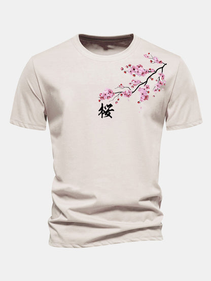 Regular Fit Cherry Blossoms Print Cotton T-Shirt