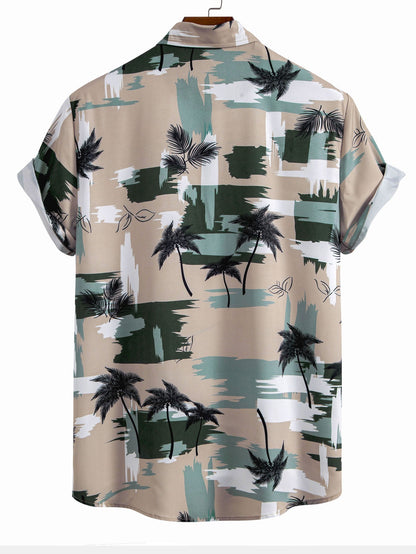 Palm Tree Color Block Print Button Up Shirt