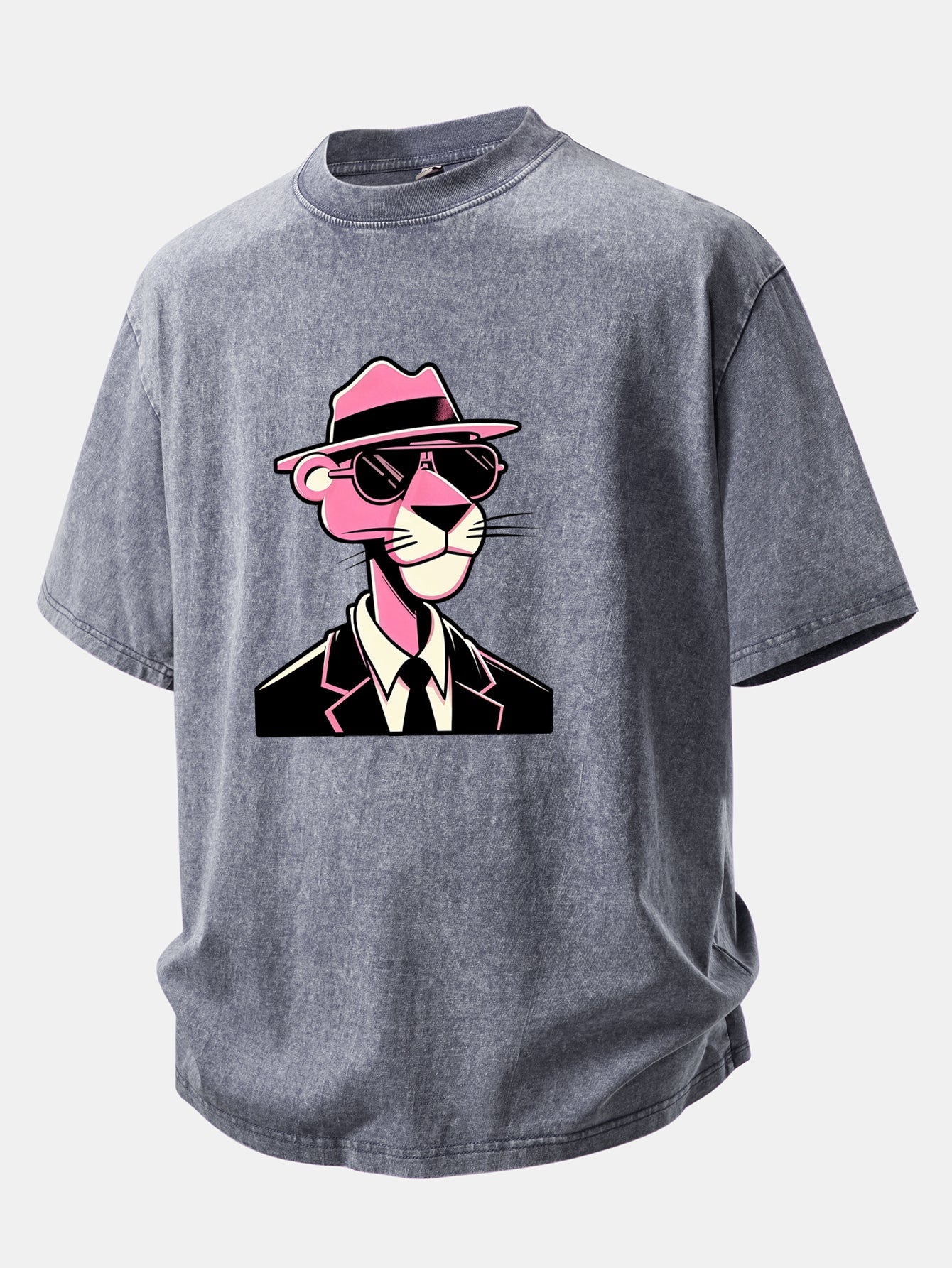 Pink Gentleman Panther Print Washed Distressed Drop Shoulder T-Shirt