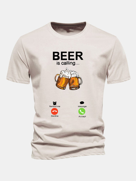 Regular Fit Beer Is Calling Print Cotton T-Shirt
