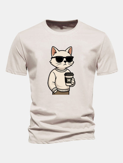 Regular Fit Cat Drinking Coffee Print Cotton T-Shirt