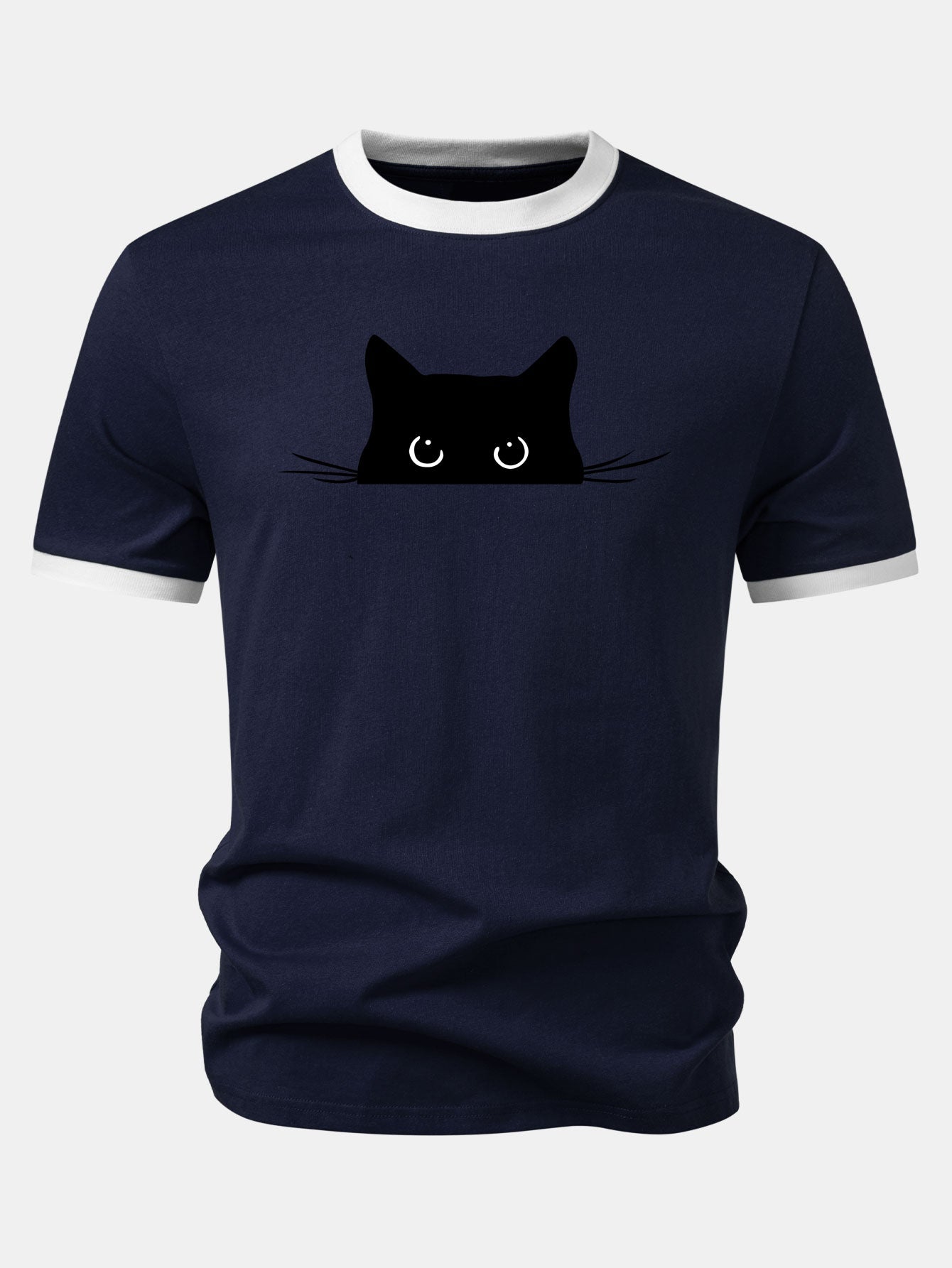Black Cat Print Contrast Ringer T-Shirt