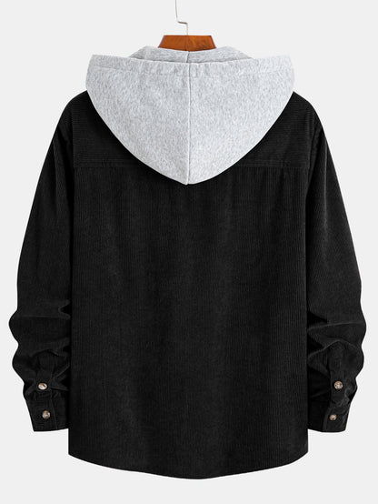 Contrast Corduroy Hooded Overshirt With Pockets