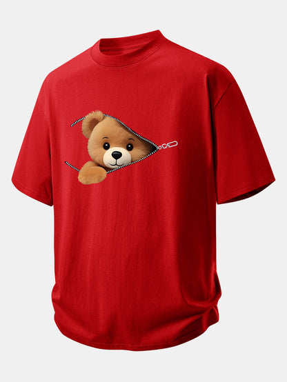 Relax Fit Zipper Bear Print Cotton T-Shirt