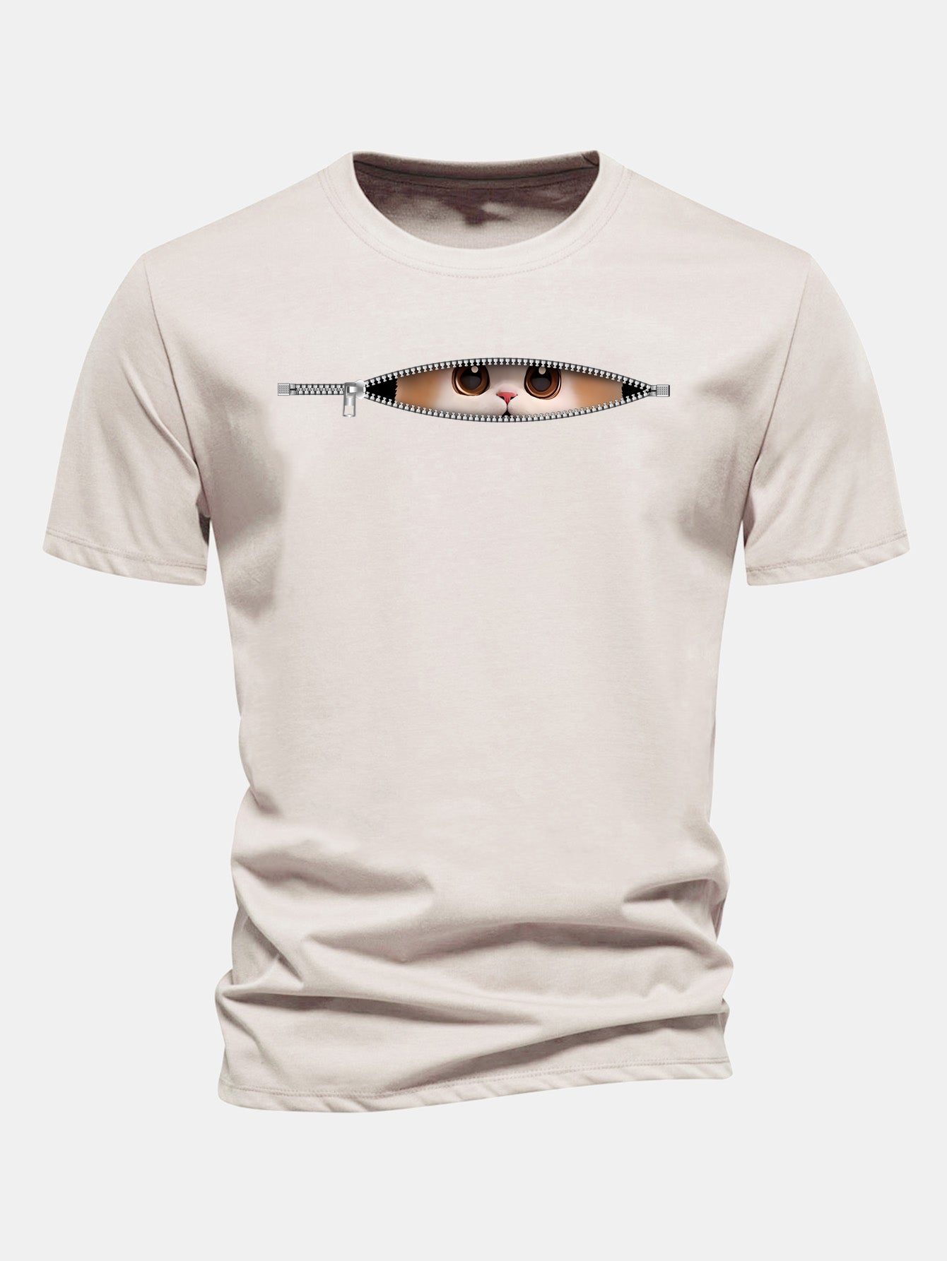 Regular Fit Zipper Cat Print Cotton T-Shirt
