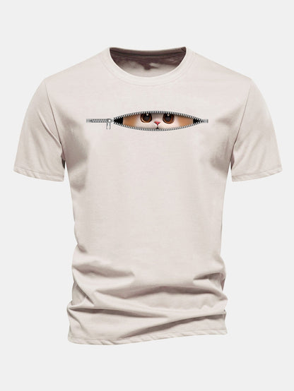 Regular Fit Zipper Cat Print Cotton T-Shirt