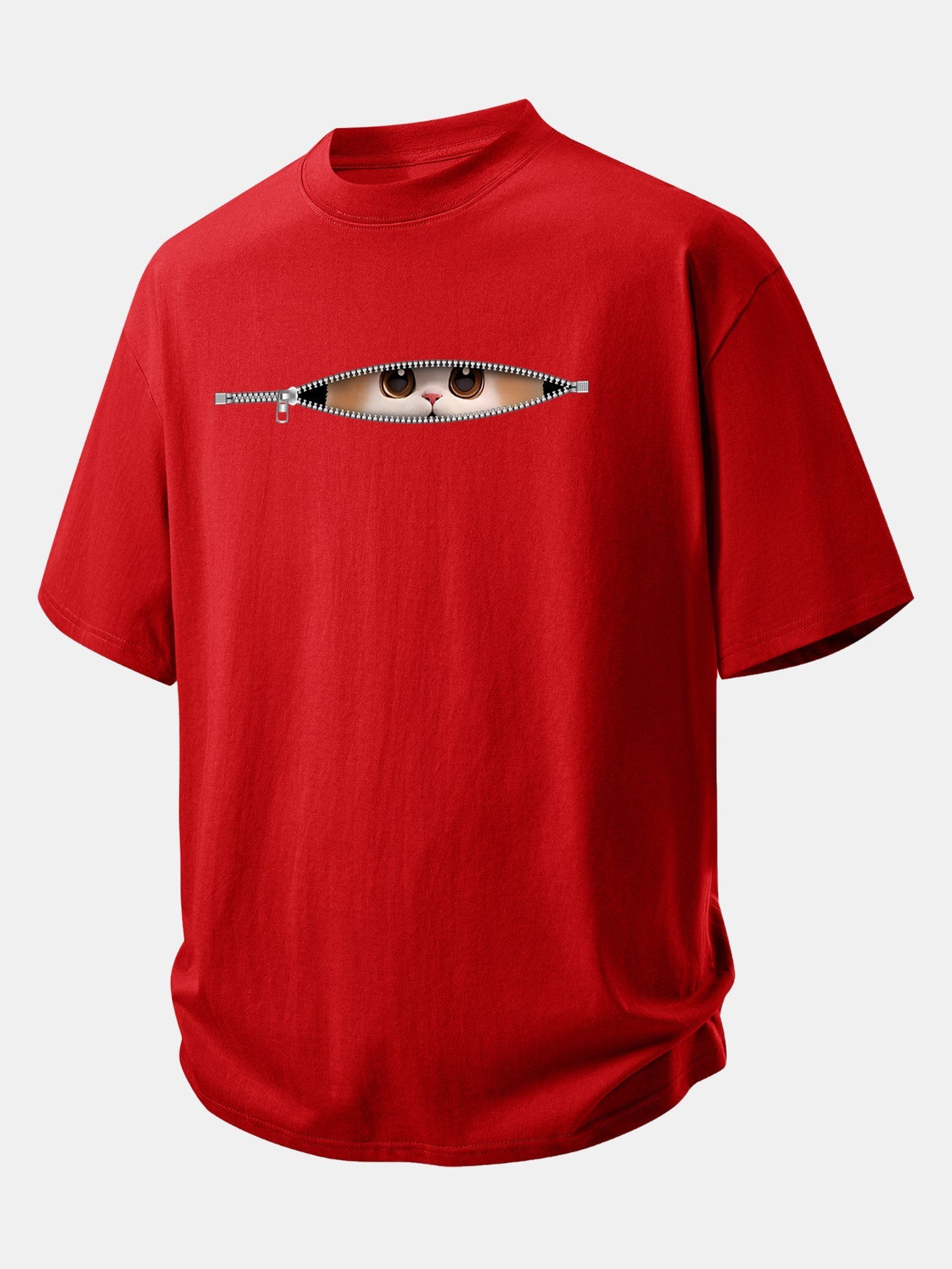 Relax Fit Zipper Cat Print Cotton T-Shirt