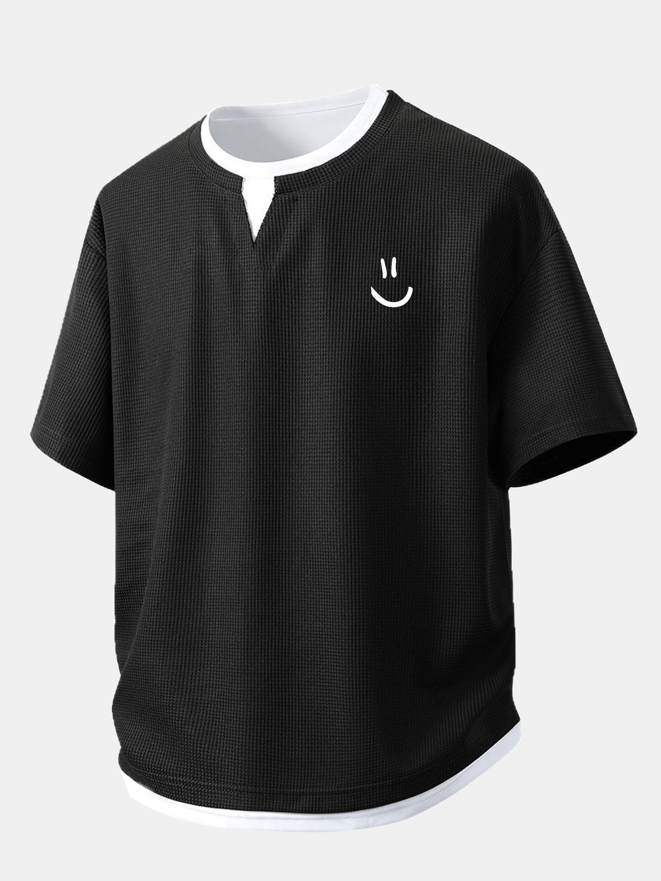 Relax Fit Smiley Face Print 2 In 1 Notched Collar Waffle T-Shirt