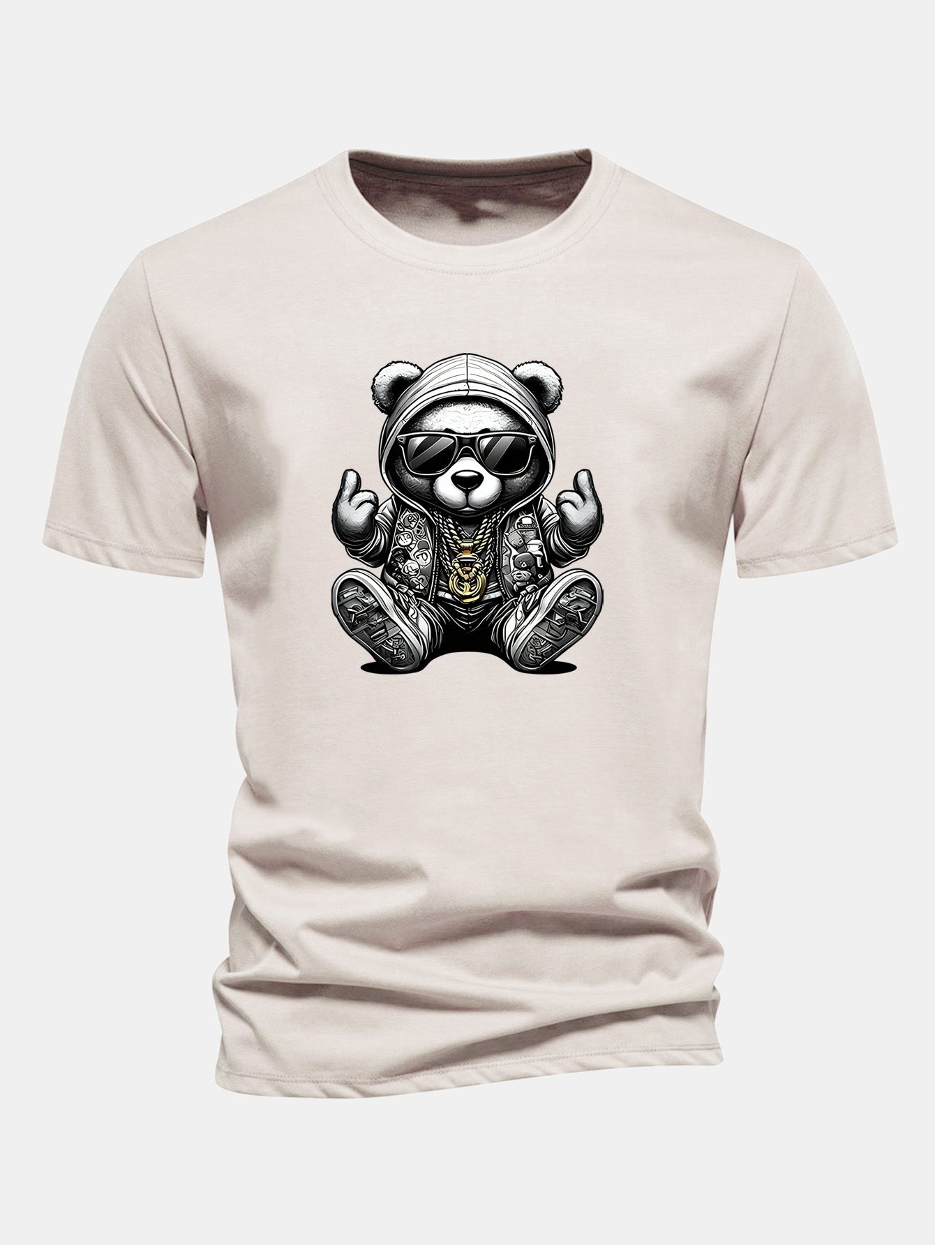 Regular Fit Hip Hop Bear Print Cotton T-Shirt