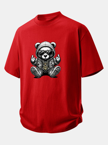 Relax Fit Hip Hop Bear Print Cotton T-Shirt