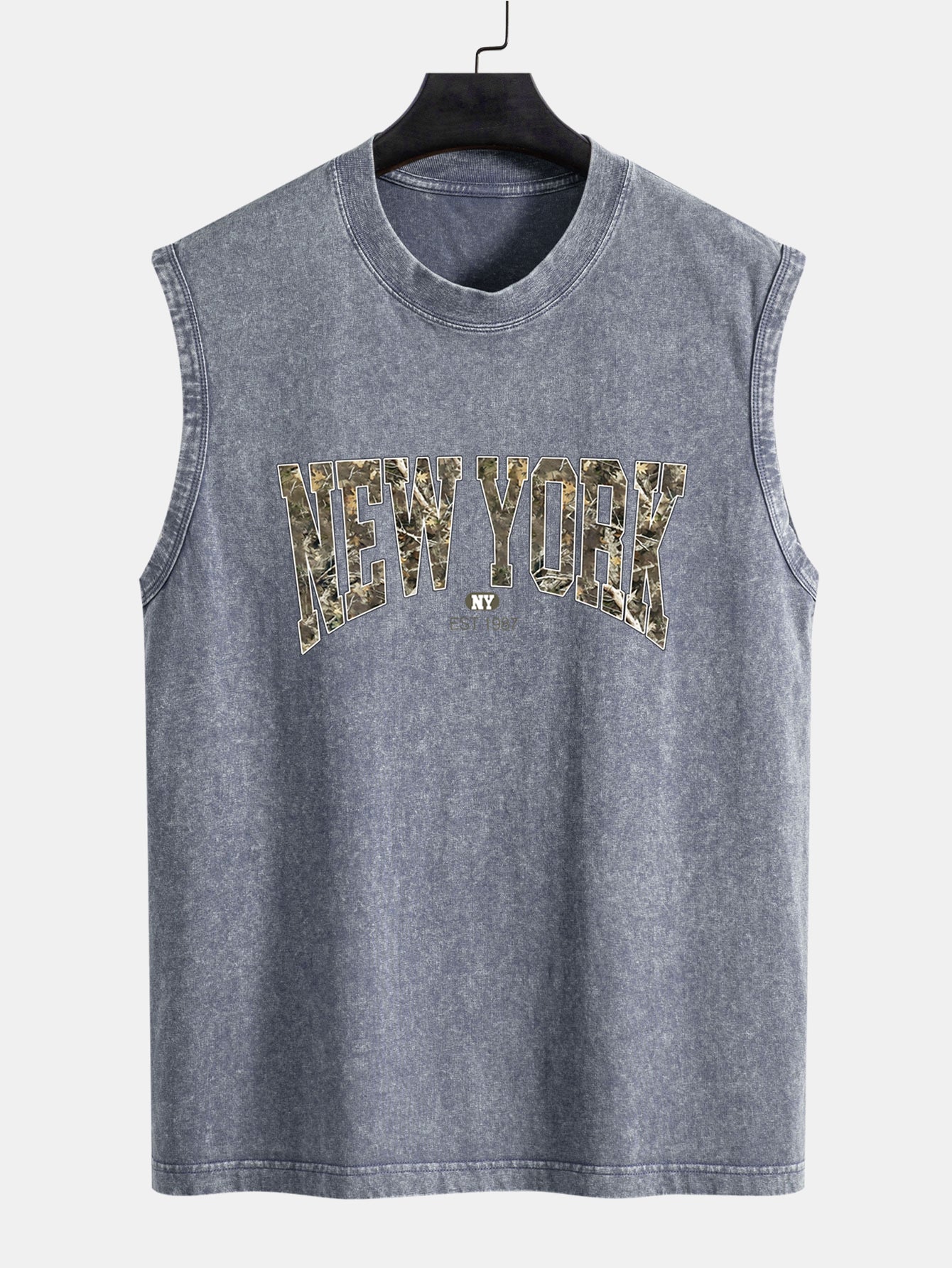 Camouflage New York Print Washed Distressed Tank Top