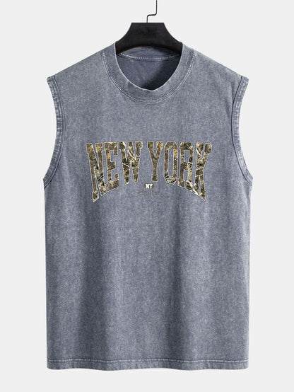 Camouflage New York Print Washed Distressed Tank Top