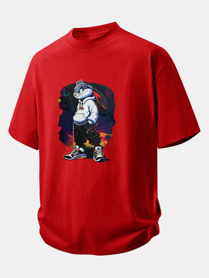 Relax Fit Cartoon Rabbit Print Cotton T-Shirt