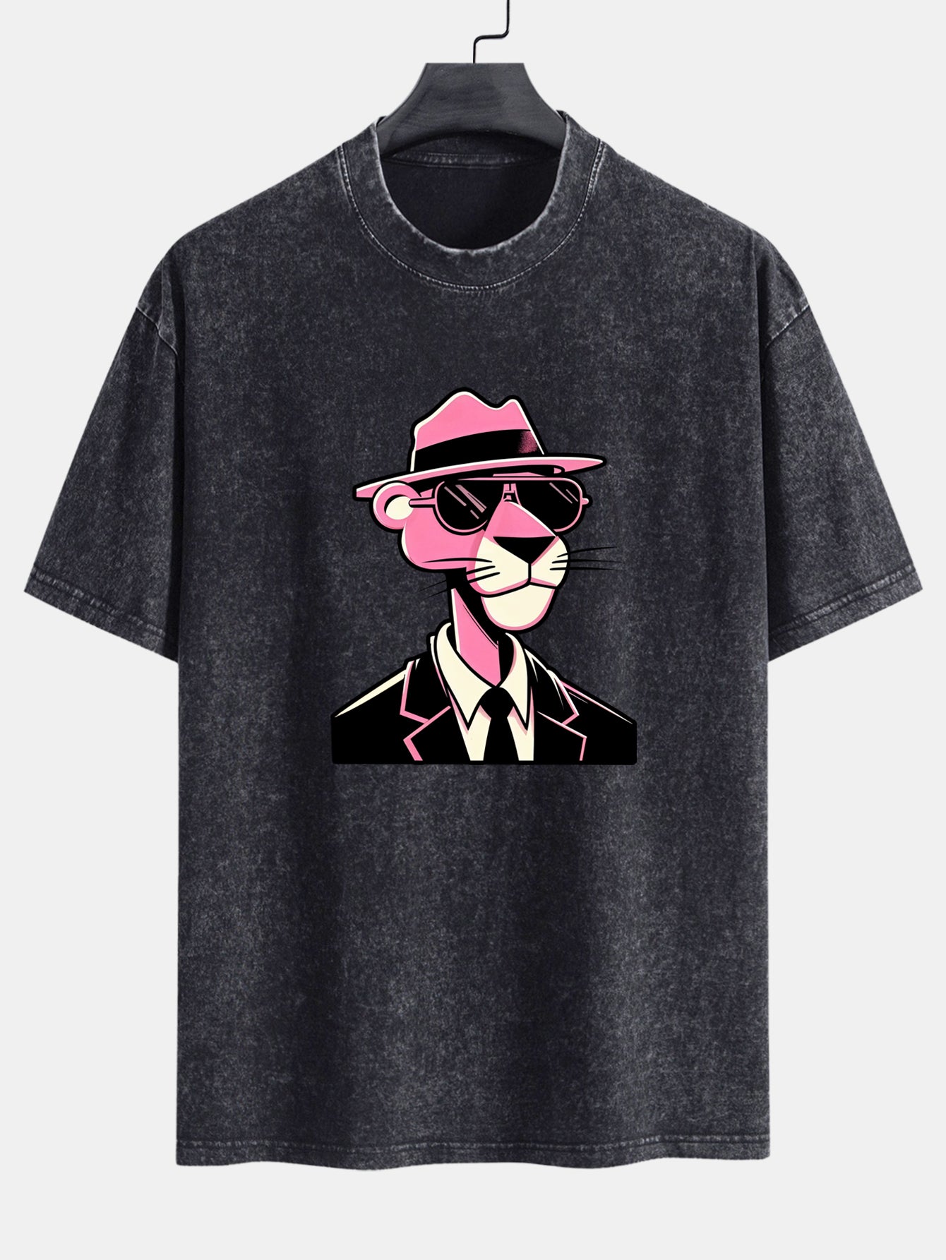 Pink Gentleman Panther Print Washed Distressed Drop Shoulder T-Shirt