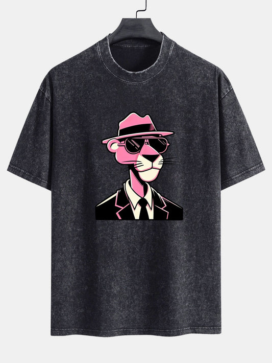 Pink Gentleman Panther Print Washed Distressed Drop Shoulder T-Shirt