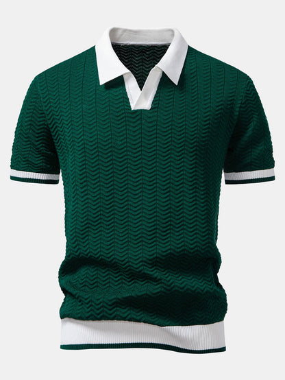 Texture Contrast Knitted V Neck Polo Shirt