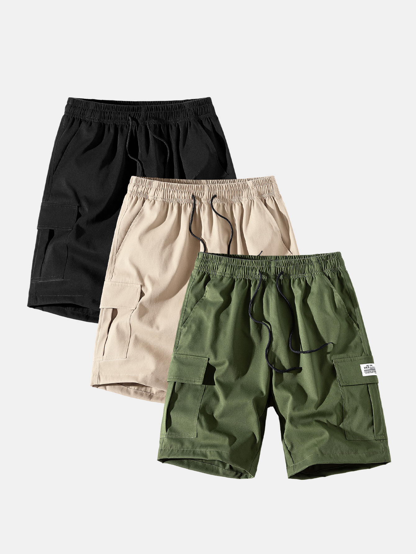 3 Pieces Solid Color Cargo Drawstring Shorts