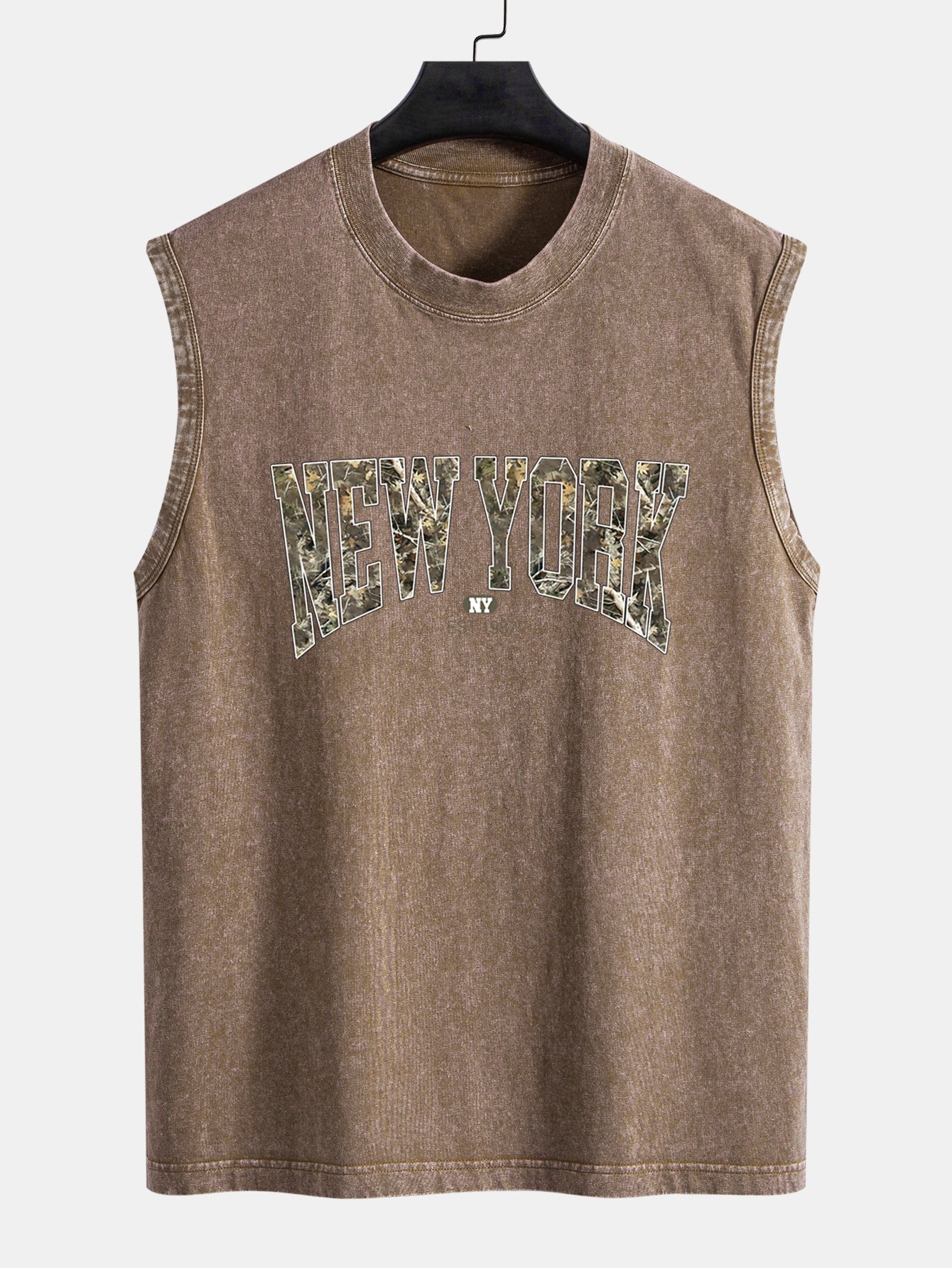 Camouflage New York Print Washed Distressed Tank Top