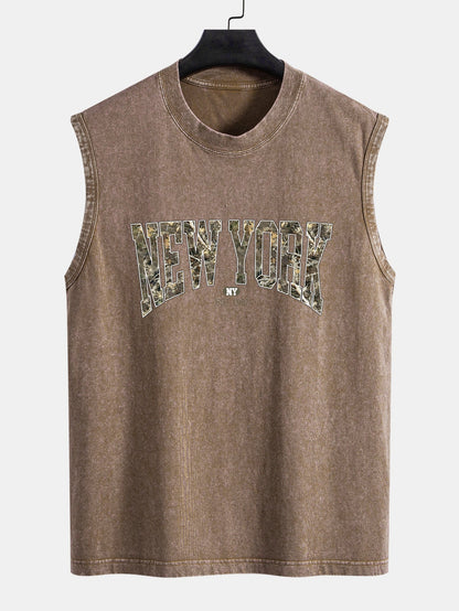 Camouflage New York Print Washed Distressed Tank Top