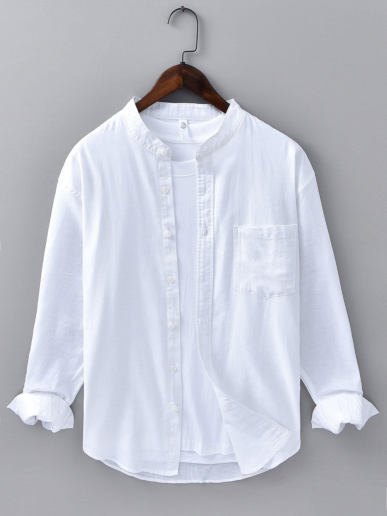 Long Sleeve Linen Cotton Stand Collar Shirt With Pocket