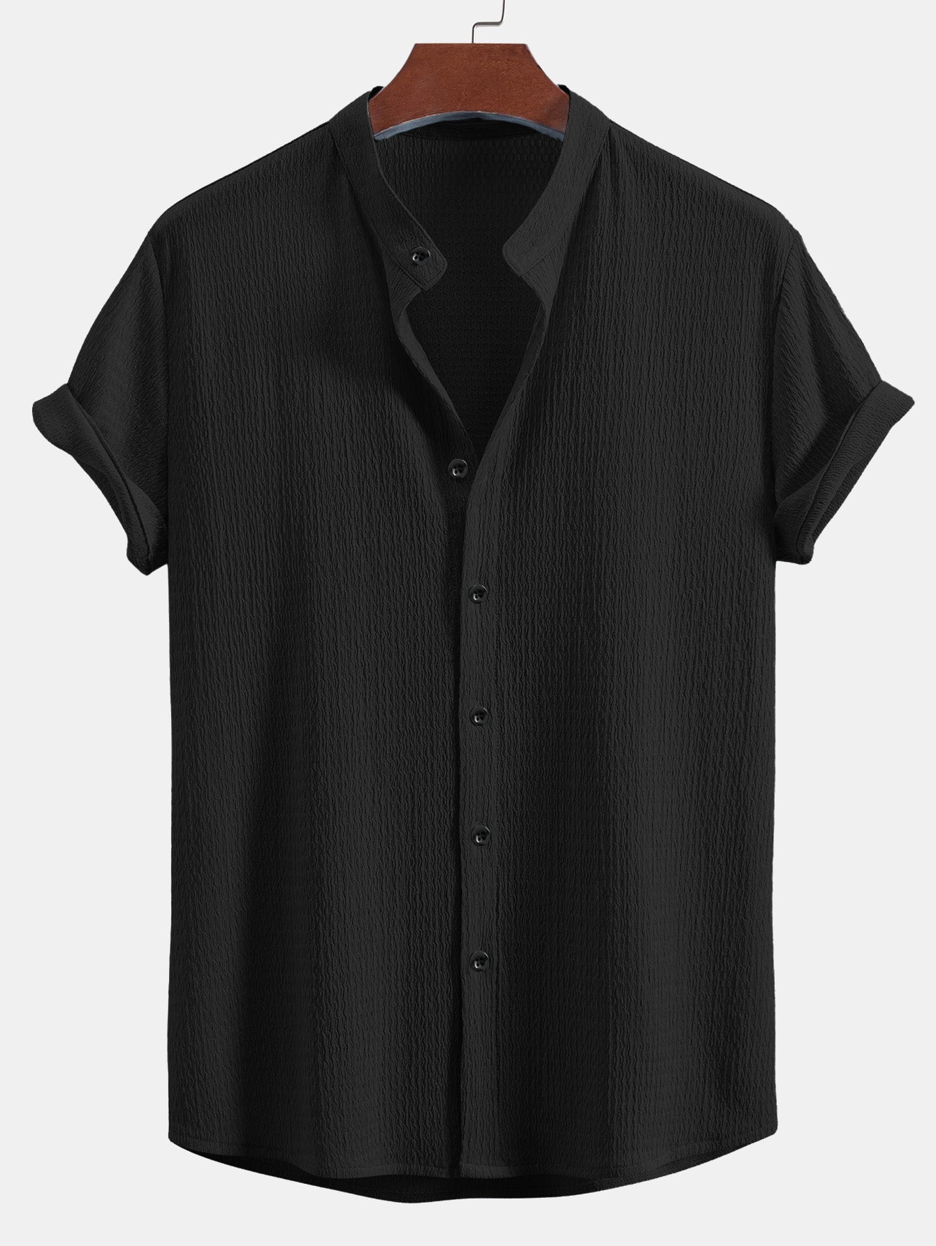 Muscle Fit Crinkled Textured Stand Collar Shirt