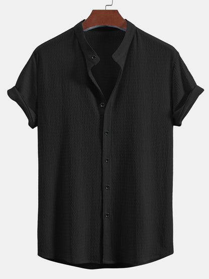 Muscle Fit Crinkled Textured Stand Collar Shirt