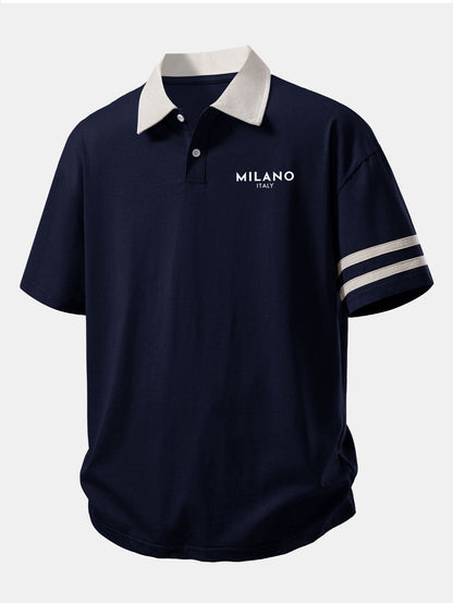 قميص بولو بياقة متباينة بطباعة ميلانو بتصميم مريح