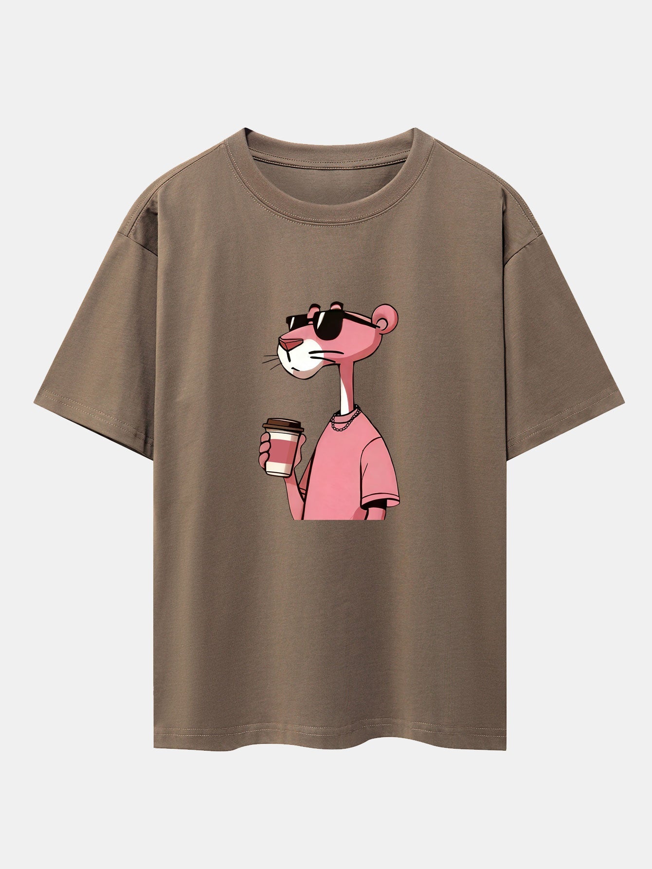 Pink Panther Drinking Coffee Print Drop Shoulder Oversize T-Shirt