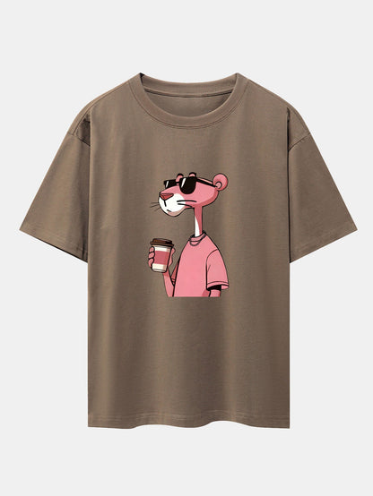 Pink Panther Drinking Coffee Print Drop Shoulder Oversize T-Shirt