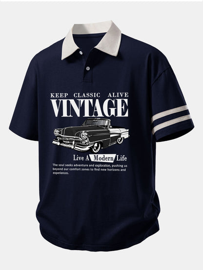 Relax Fit Vintage Car Print Contrast Collar Polo Shirt