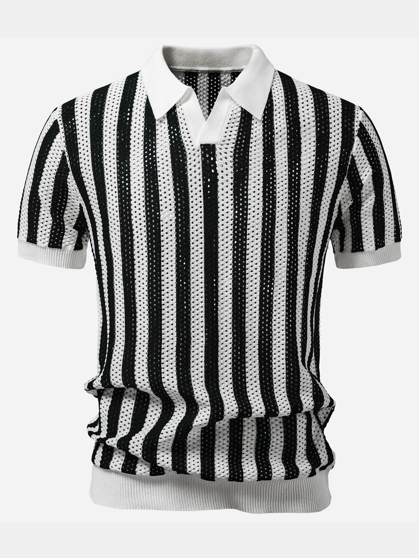 Stripe Johnny Collar Open Knit Polo