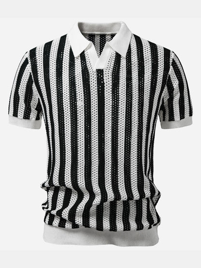 Stripe Johnny Collar Open Knit Polo