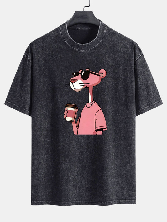 Pink Panther Drinking Coffee Print Washed Distressed Drop Shoulder T-Shirt