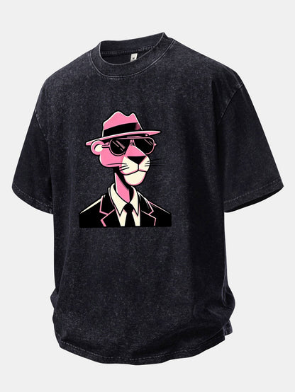Pink Gentleman Panther Print Washed Distressed Drop Shoulder T-Shirt