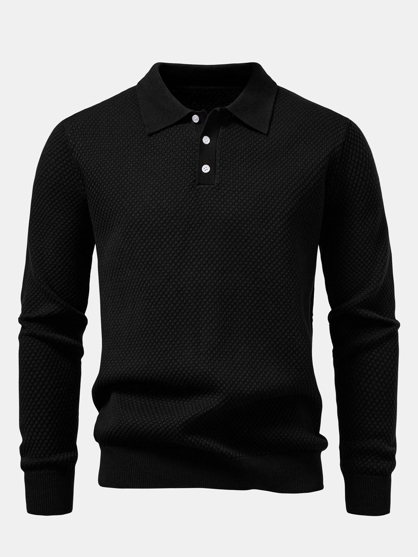 Long Sleeve Pineapple Textured Knit Polo Shirt