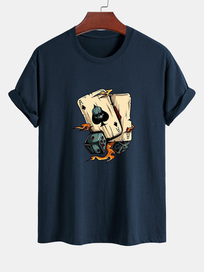 Regular Fit Dice Playing Cards Print Cotton T-Shirt