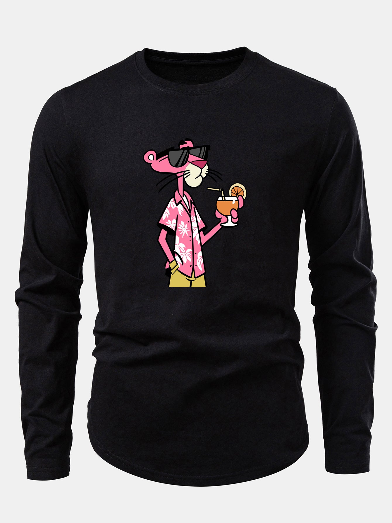 Vacation Pink Panther Print Cotton Arc Hem T-Shirt