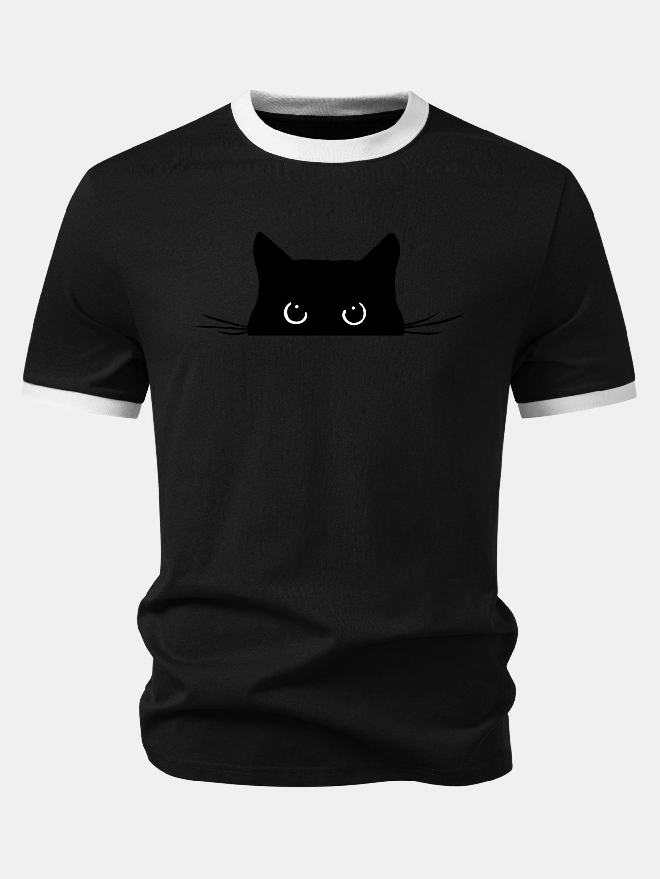 Black Cat Print Contrast Ringer T-Shirt
