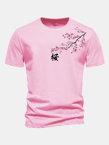 Regular Fit Cherry Blossoms Print Cotton T-Shirt