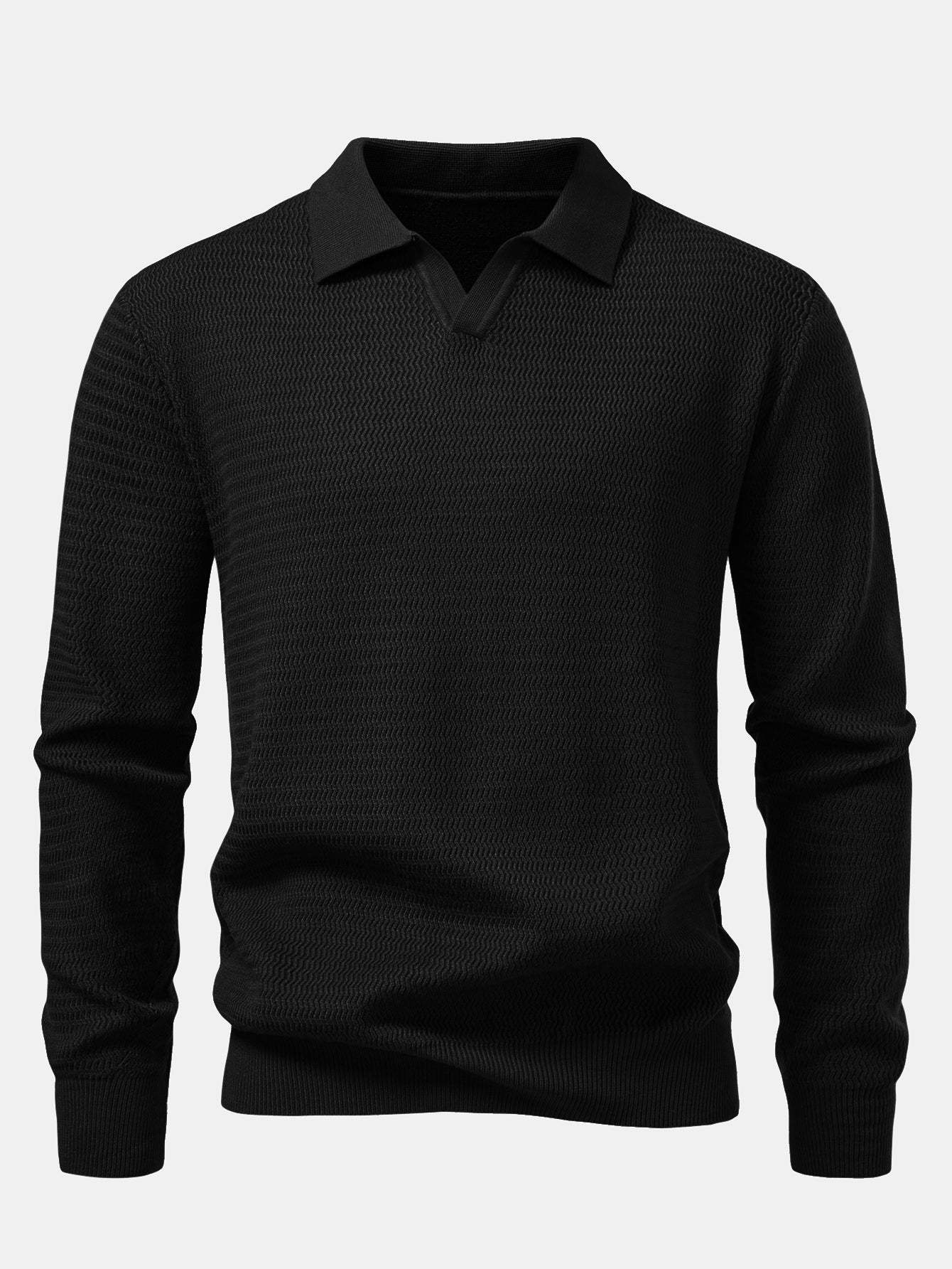 Long Sleeve Wave Jacquard V Neck Knit Polo Shirt