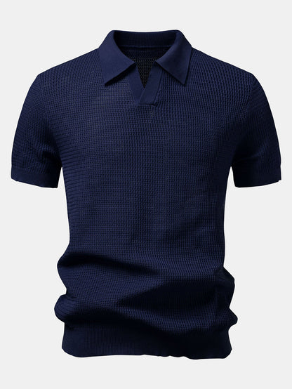 Textured Johnny Collar Crocheted Knit Polo