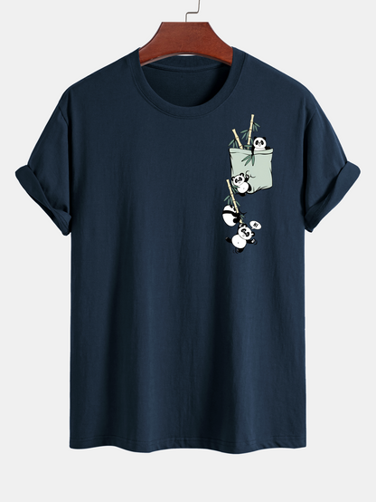 Regular Fit Pocket Panda Print Cotton T-Shirt
