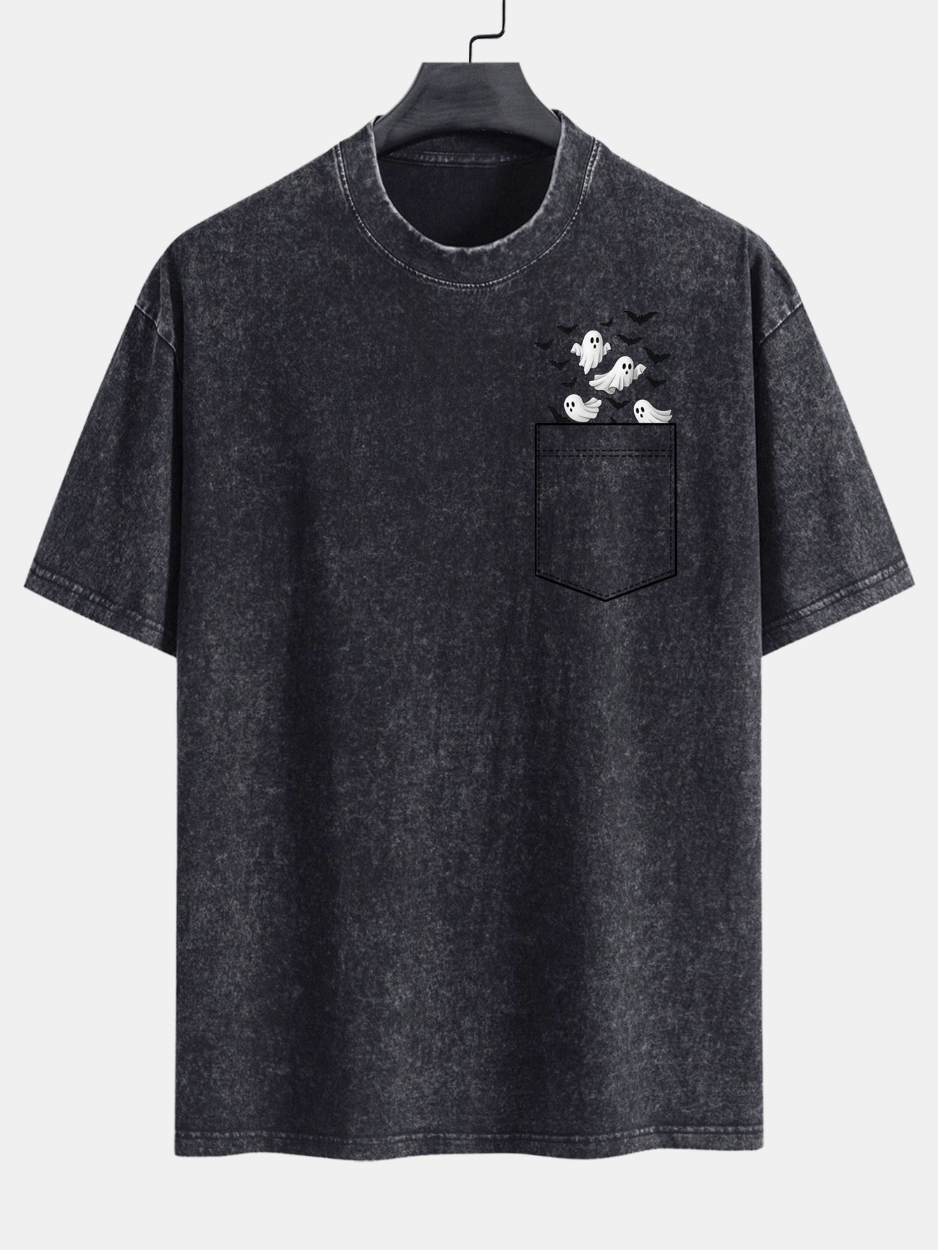 Pocket Bat Ghost Print Washed Distressed Drop Shoulder T-Shirt