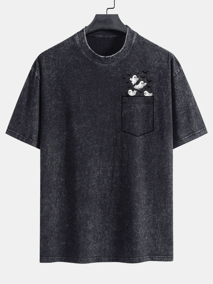 Pocket Bat Ghost Print Washed Distressed Drop Shoulder T-Shirt