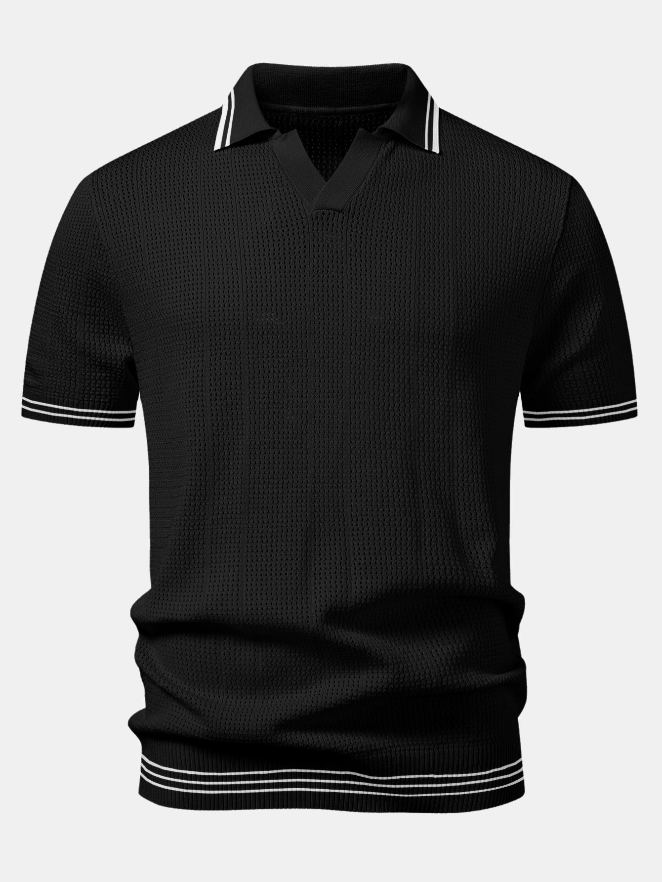 Contrast Johnny Collar Open Knit Polo